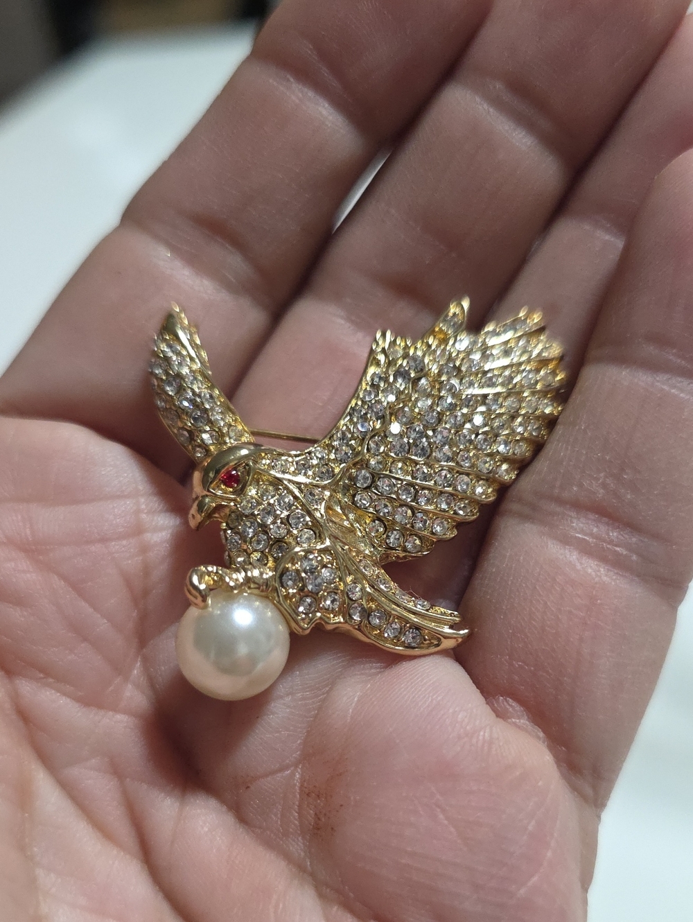 Vintage Gold Eagle Brooch with Clear Crystals and Pearl